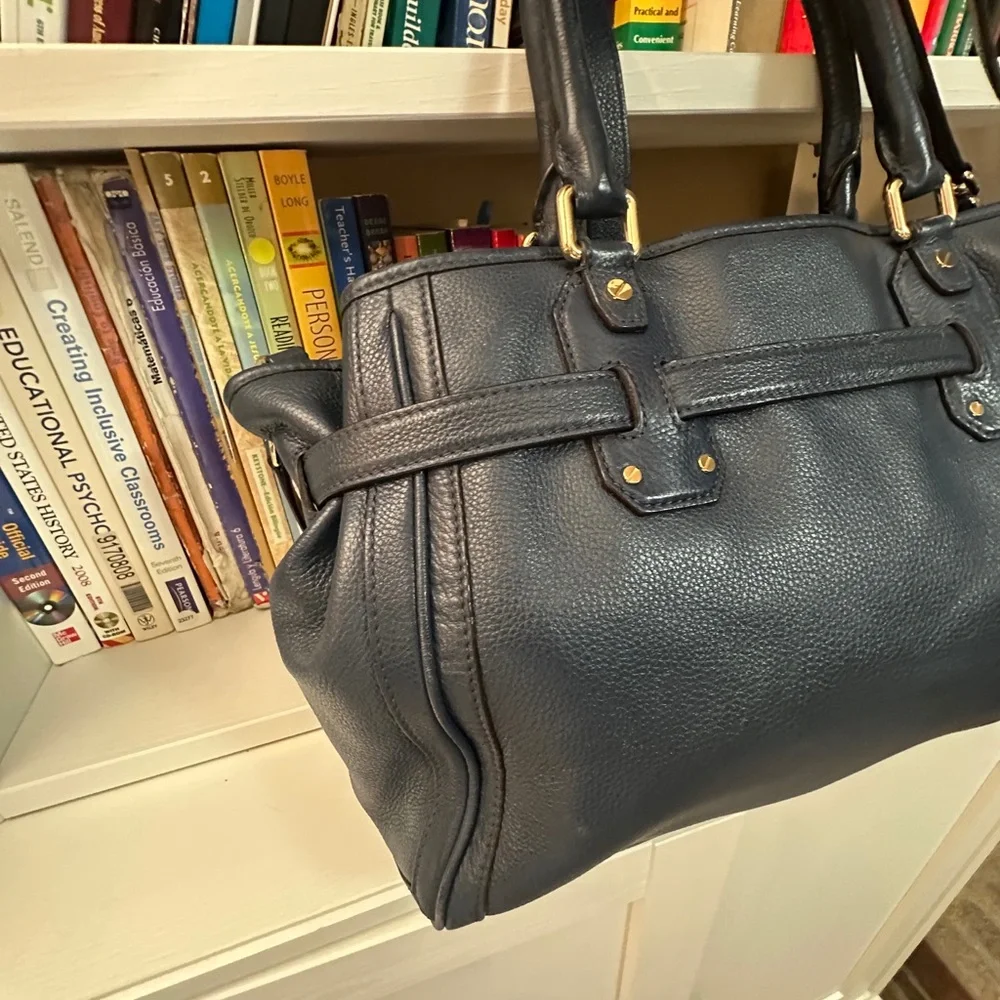 Michael Kors Navy Leather Satchel with Gold-Tone MK Emblem